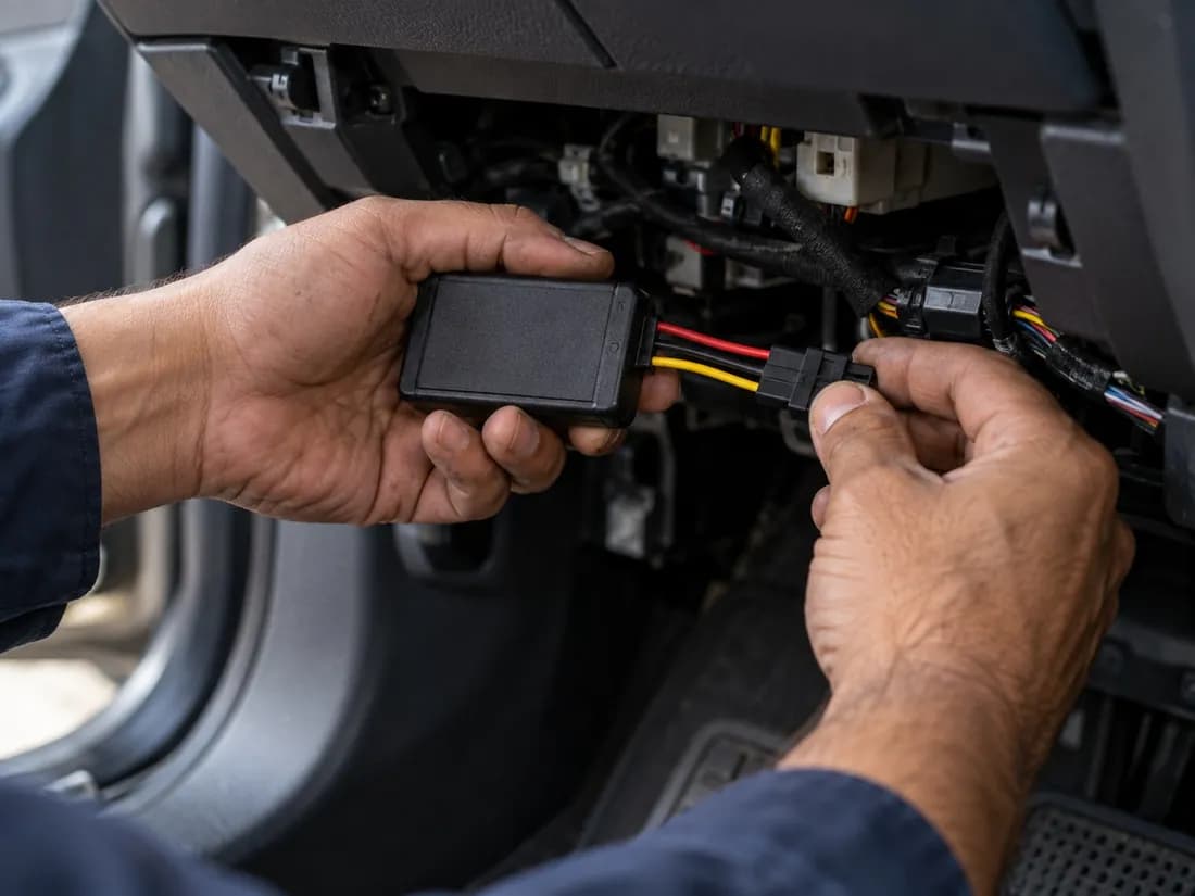 Mãos conectando o chicote de fios do rastreador no veículo